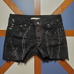 Christian Audigier Denim Cutoff Shorts 29 Black Silver Splatter Paint Grunge 90s